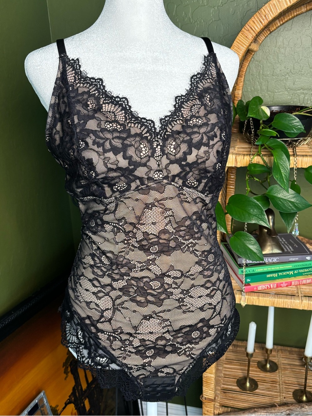 Black Lace V Neck Shapewear Bodysuit Night Out Double Nude Layered Lingerie